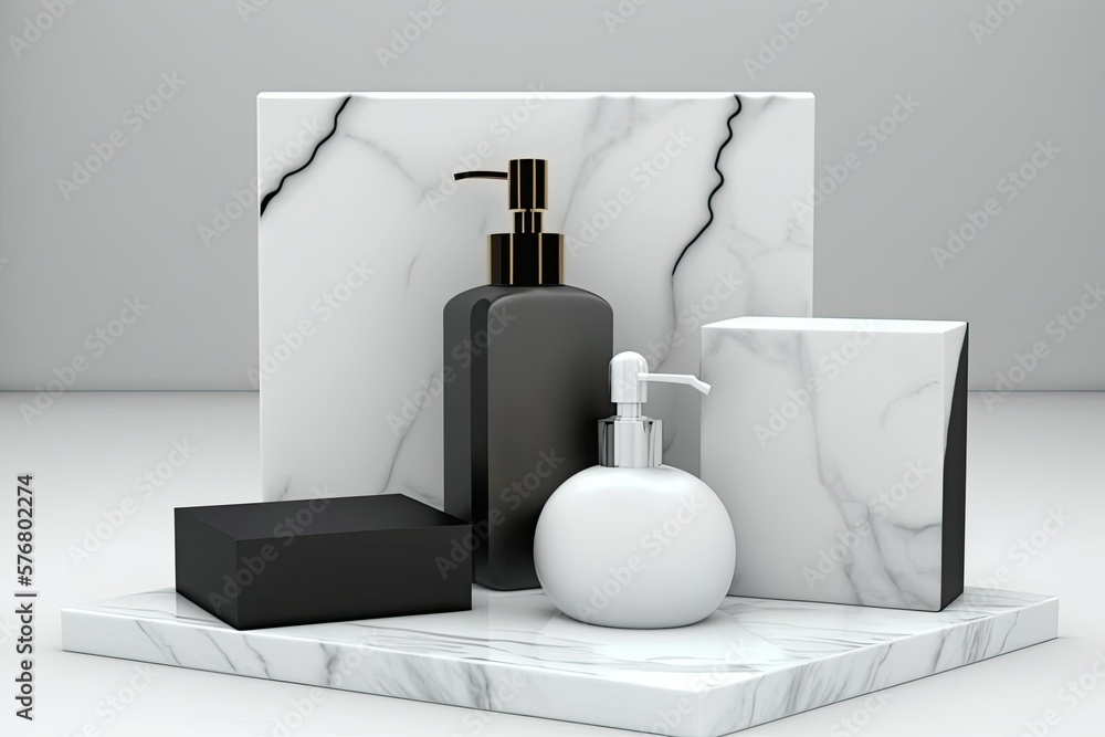 Bath items like spa shampoo, shower gel, and liquid soap can be displayed on a white marble pedestal