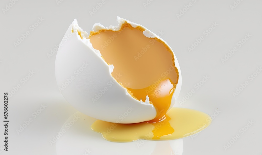  an egg is broken in half with a yellow liquid coming out of the inside of the egg, on a white surfa