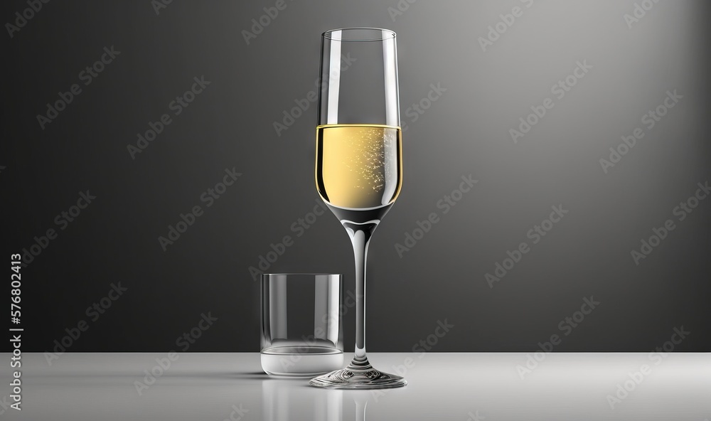  a glass of champagne and a glass of water on a table with a gray background and a gray wall in the 