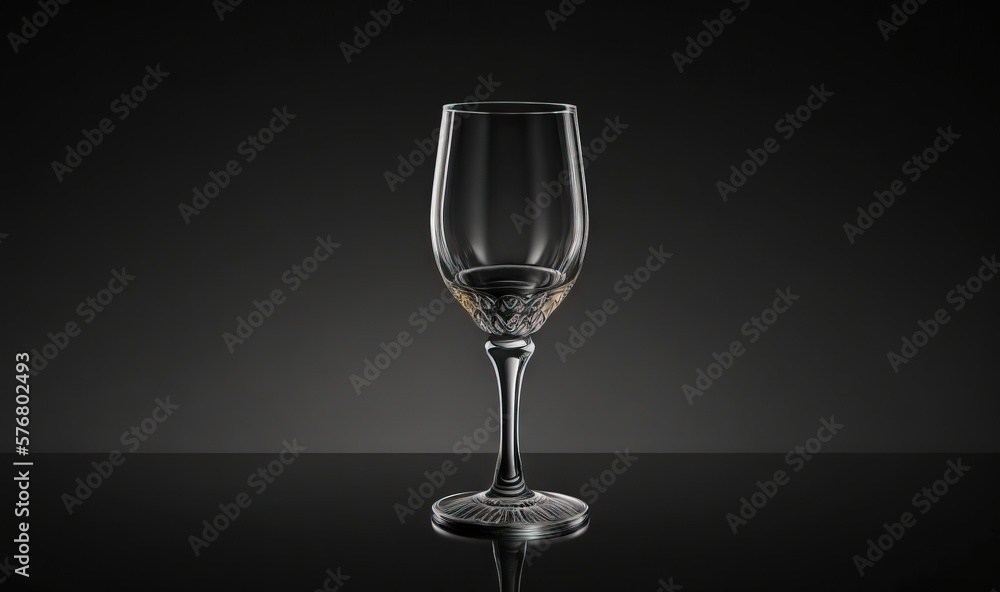  a wine glass sitting on top of a black counter top next to a black wall with a reflection of the wi