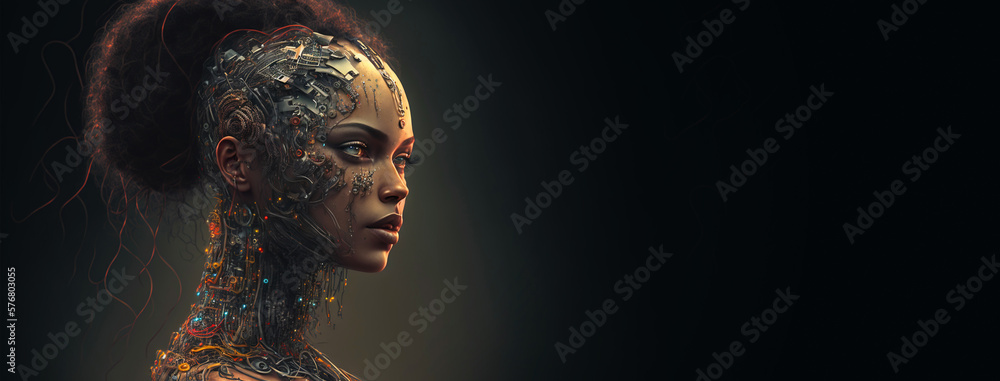 Female android portrait of artificial intelligence avatar. Wires and tech pieces on cyborg head. Gen