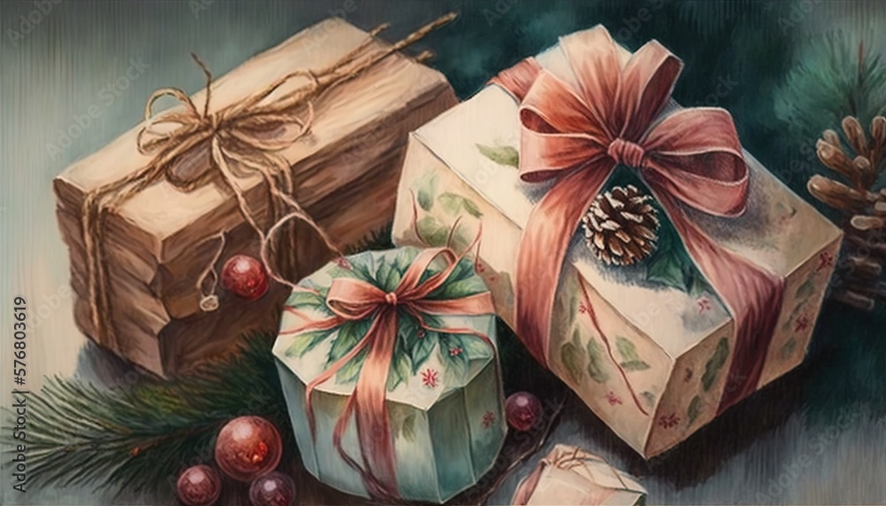  a painting of presents and pine cones with a pine cone on the side of the box and a pine cone on th