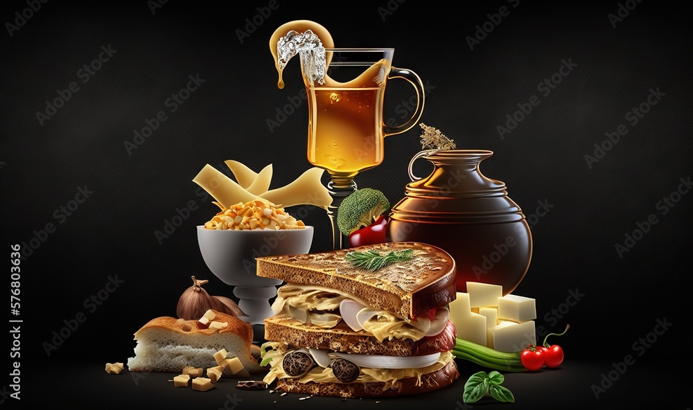  a sandwich and a bowl of pasta and a glass of beer on a black background with a black background an