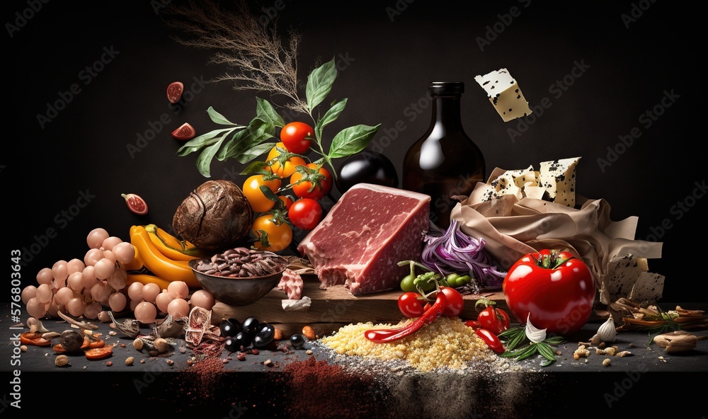  a table topped with lots of different types of food and wine bottles next to a pile of fruit and ve