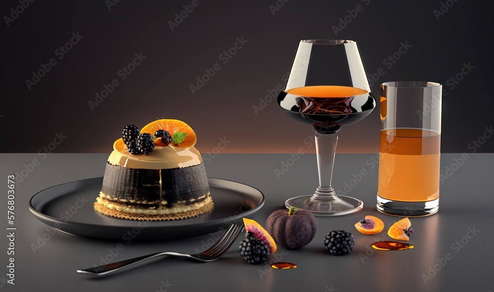  a plate with a cake and a glass of wine on it next to a plate with a dessert and a glass of wine on