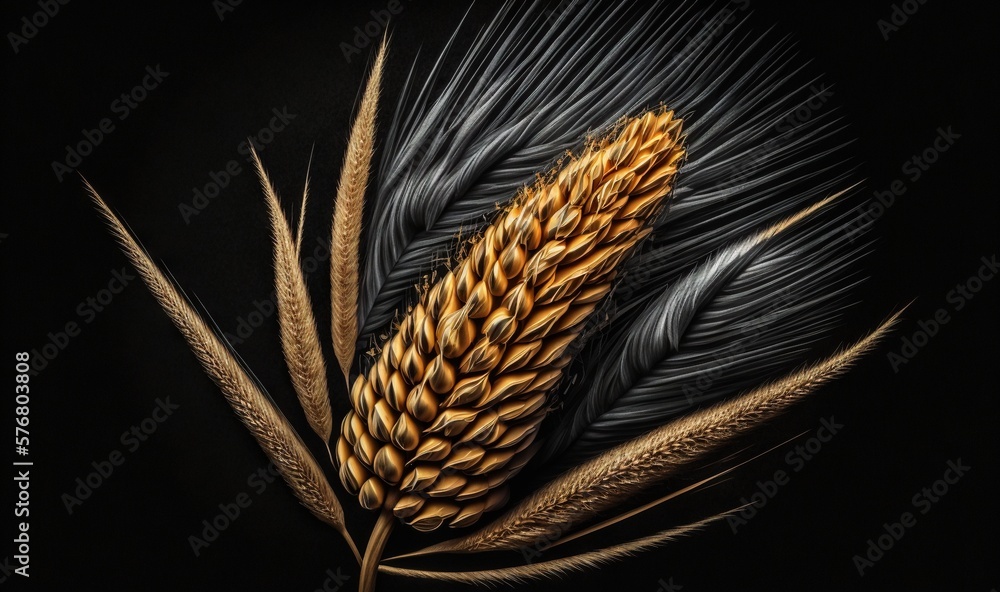  a close up of a plant with long, thin, black feathers on its tip, on a black background with a bla