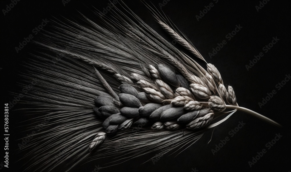  a black and white photo of a bunch of grain on a black background with a black background and a bla