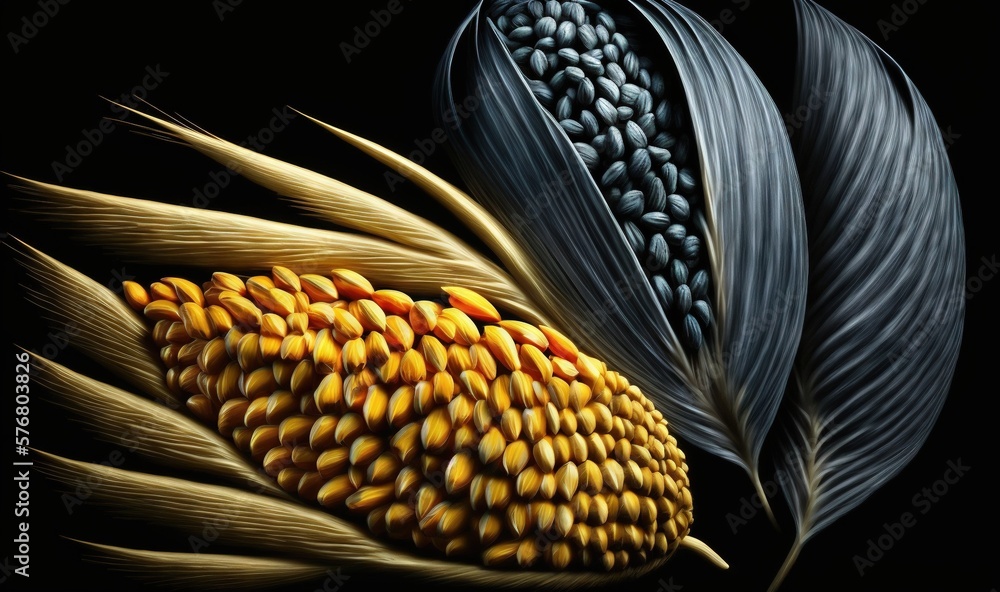  a painting of a corn cob on a black background with a black background and a black background with 