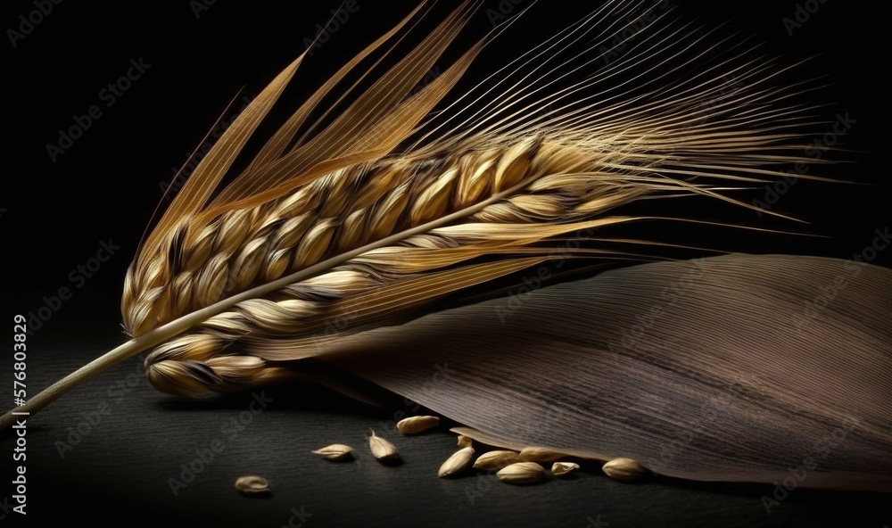  a close up of a stalk of wheat with seeds on a black background with a black background and a black