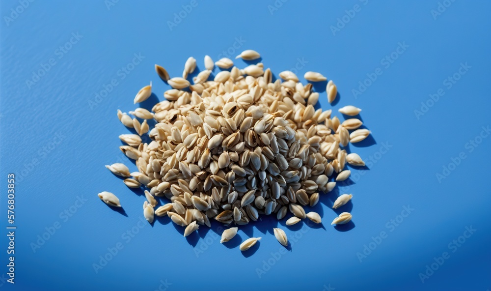  a pile of sunflower seeds on a blue surface with a blue sky in the background of the image is a sun