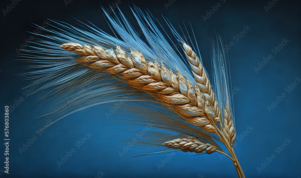  a close up of a wheat plant on a blue background with a black background and a blue sky in the back