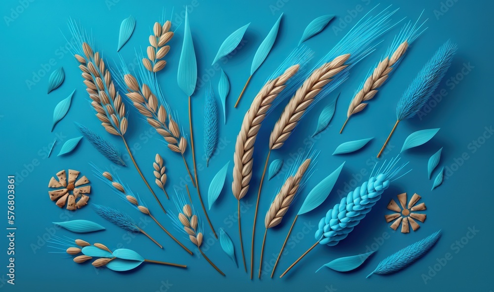  a blue background with a bunch of different types of wheat stalks and leaves on it with a blue back