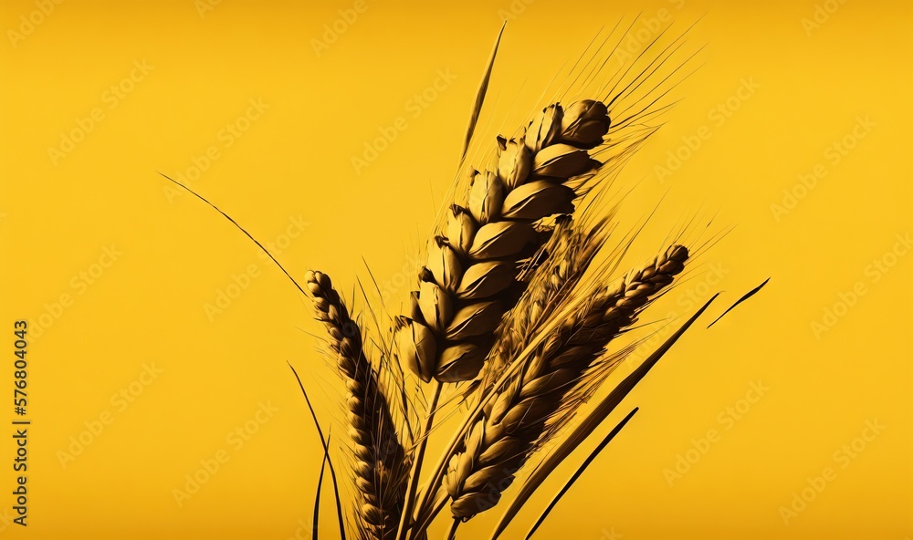  a close up of a stalk of wheat against a bright yellow background with a black and white photo of t