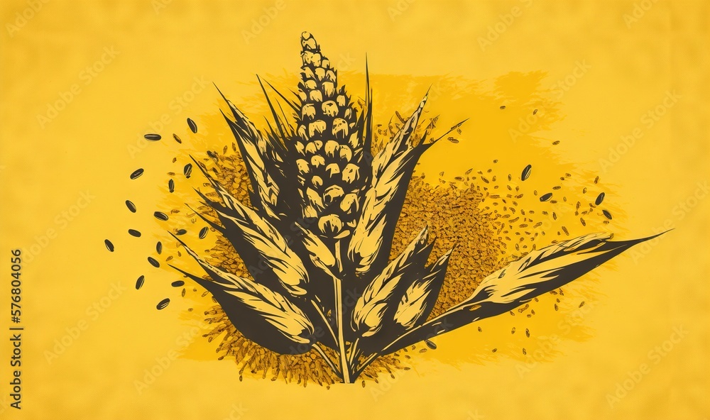  a yellow background with a black and white drawing of a plant on its side and a yellow background 