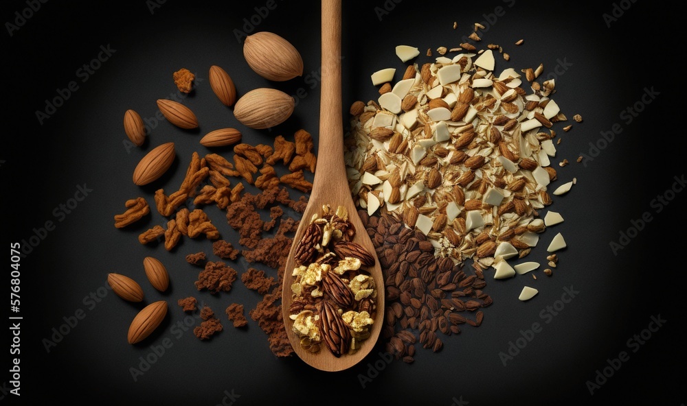  a wooden spoon filled with nuts next to a pile of almonds and other nuts on a black surface with a 