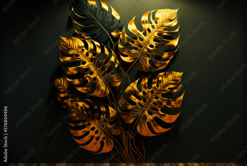 Gold monstera leaves in interior. Natural luxury backdrop. Generative AI