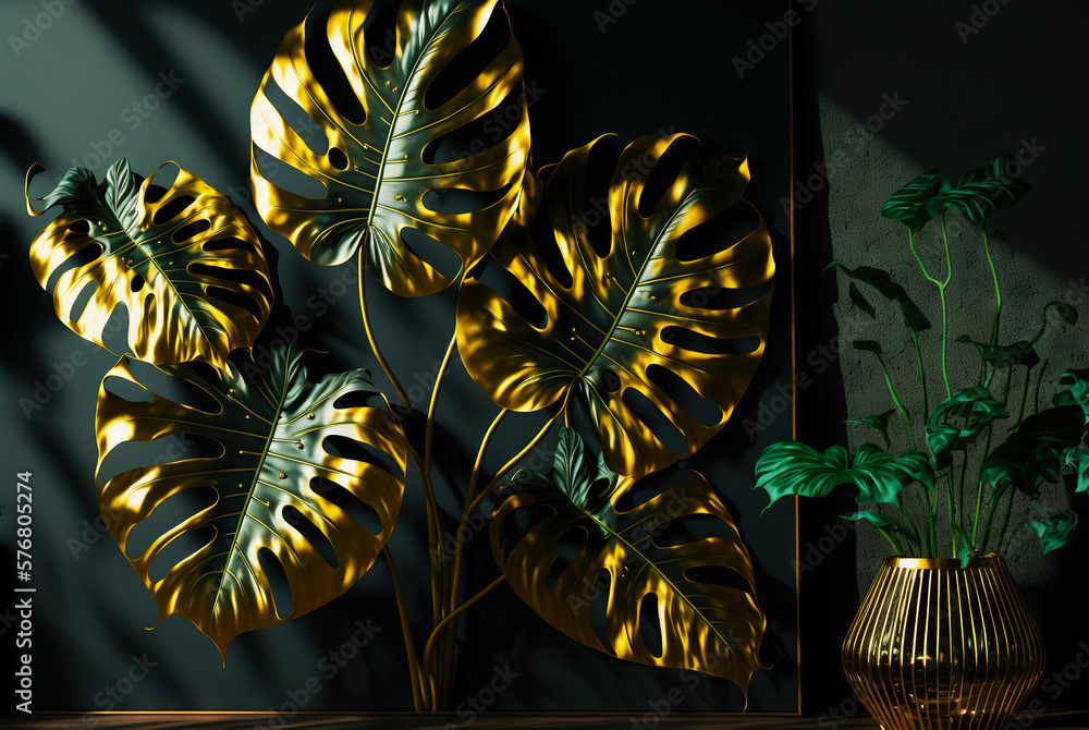 Gold monstera leaves in interior. Natural luxury backdrop. Generative AI