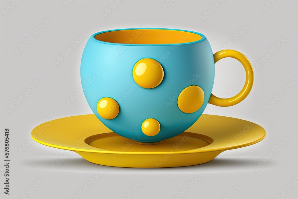 Cup and saucer, yellow, on white background. Generative AI