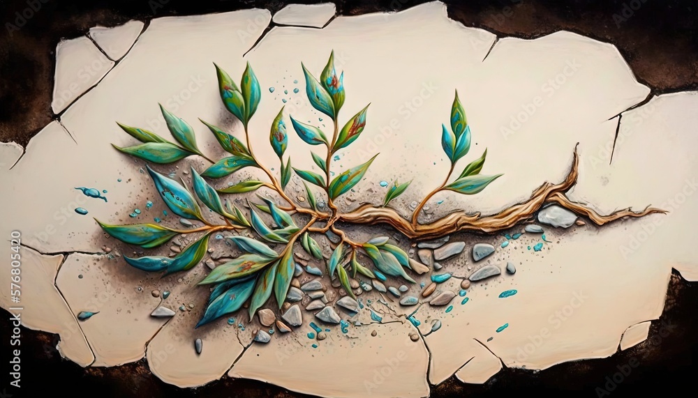  a painting of a branch with green leaves on a cracked wall with blue water drops on it and a crack 