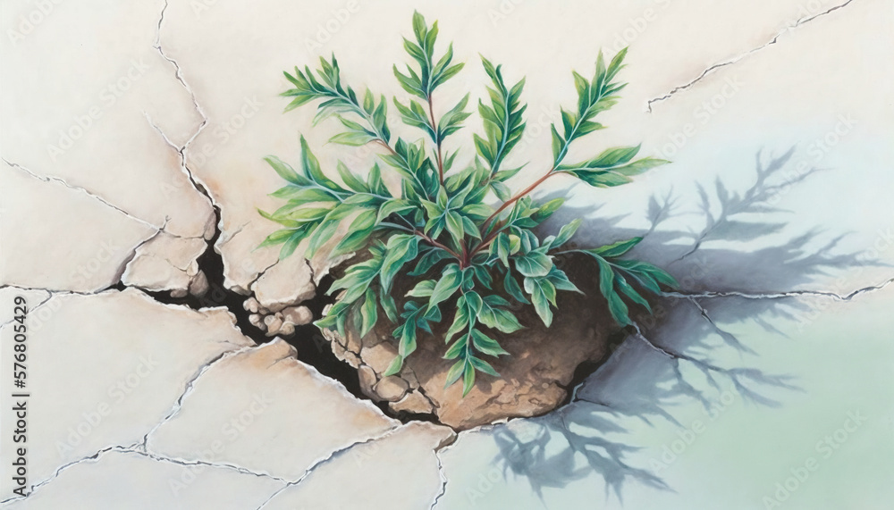  a painting of a plant growing out of a crack in the ground with a blue sky in the background and a 