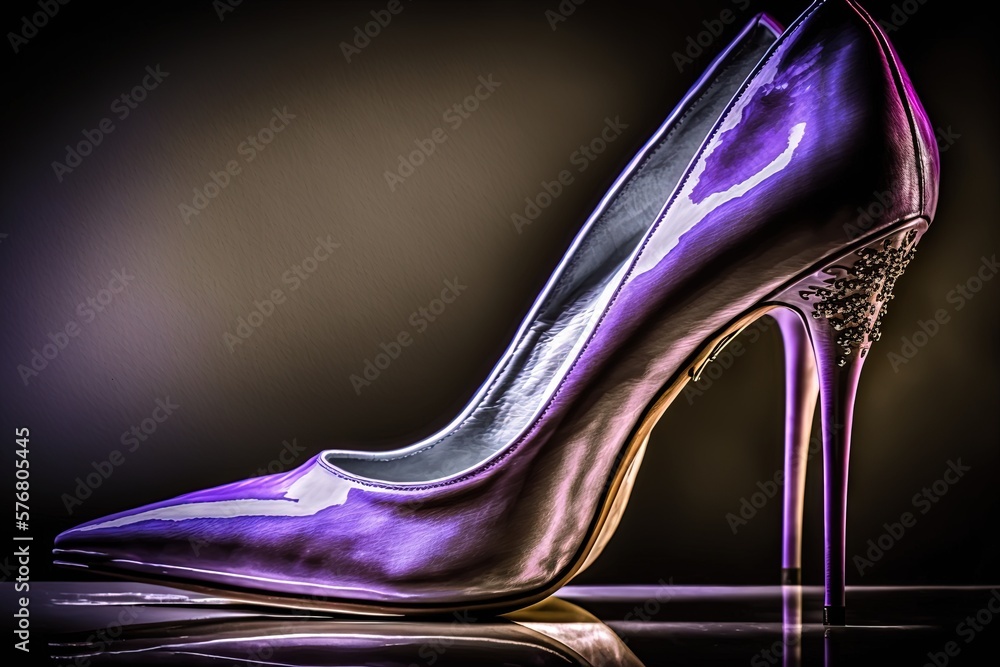  a purple high heeled shoe on a shiny surface with a black background and a reflection of the shoe o