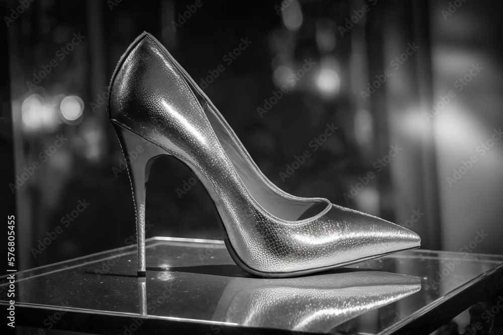  a silver high heeled shoe sitting on top of a table next to a mirror wall in a room filled with lig