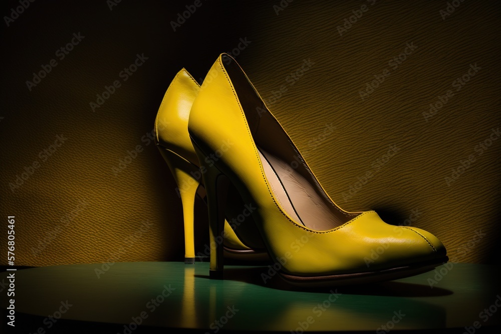  a pair of yellow high heeled shoes on a green table in a dark room with a yellow wall in the backro