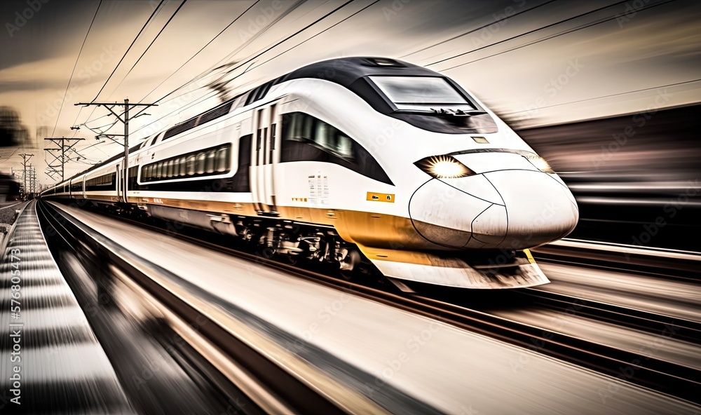  a white and black train traveling down tracks next to a train station with power lines above it and