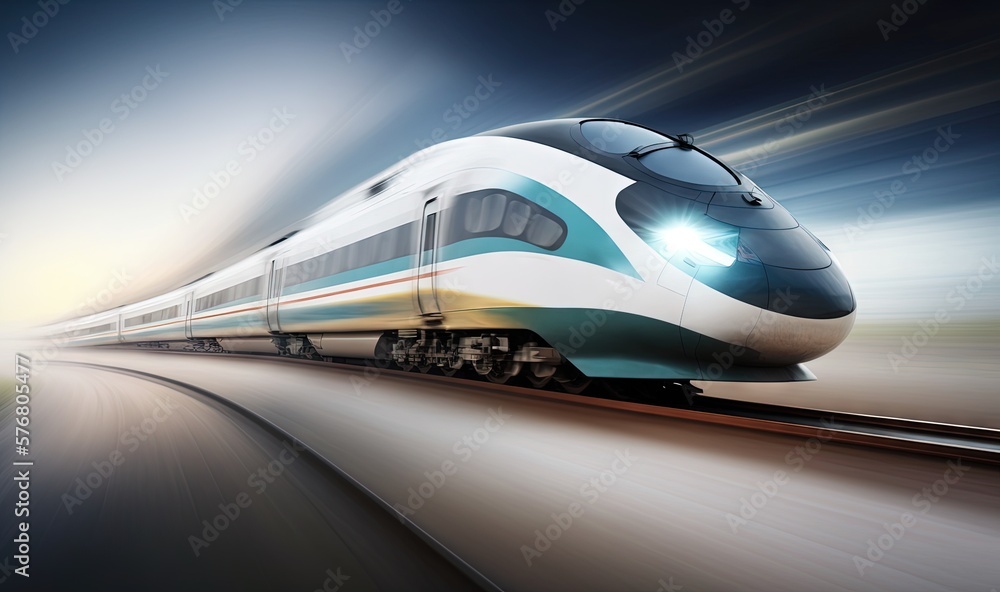  a high speed train speeding through the night time scene with motion blurry behind it and a bright 