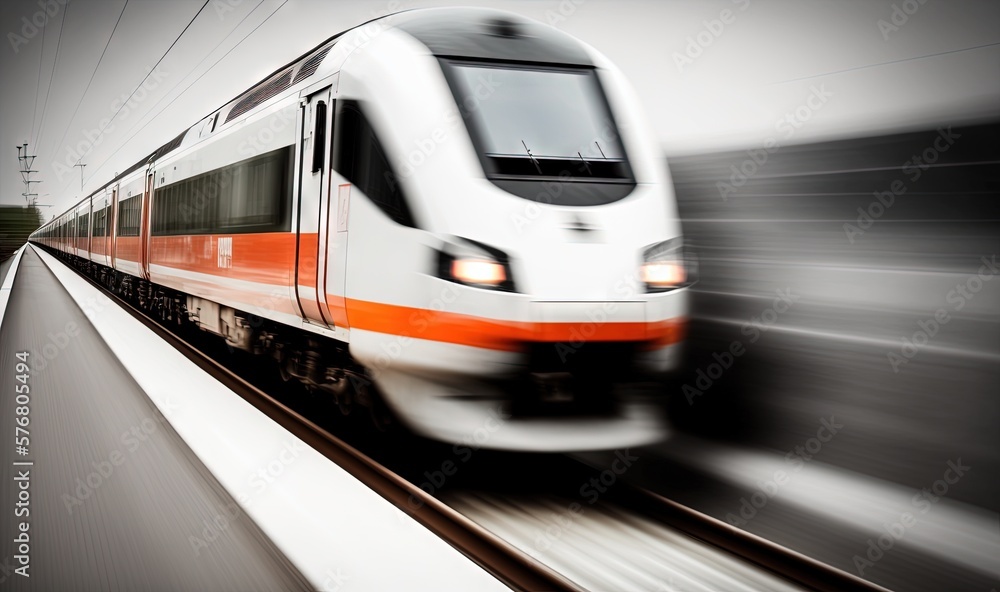  a white and orange train traveling down train tracks next to a loading platform with power lines in