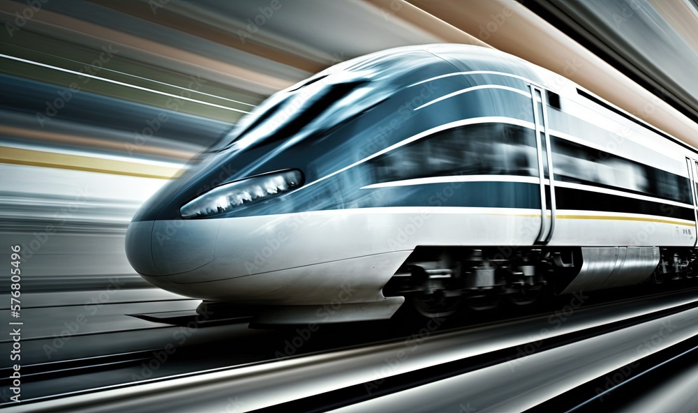  a modern train speeding through the city at high speed with motion blurs around its sides and the 