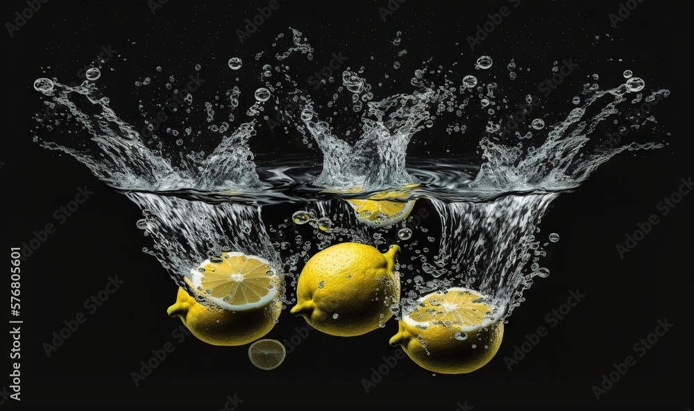  three lemons are splashing into the water with a splash of water on top of them and a lemon on the 