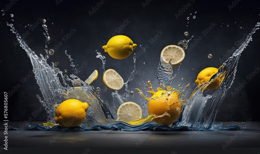  a group of lemons are splashing into the water with lemons on the side of the water and lemons on t