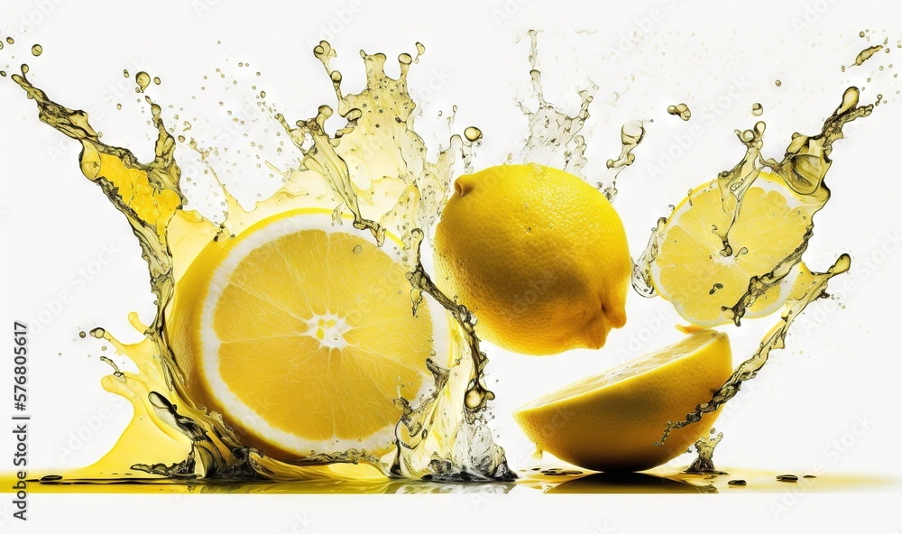  a group of lemons with water splashing around them on a white background with a splash of water on 