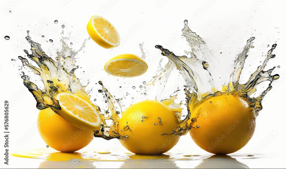  a group of oranges with splashing water on them and one orange on the other side of the image with 