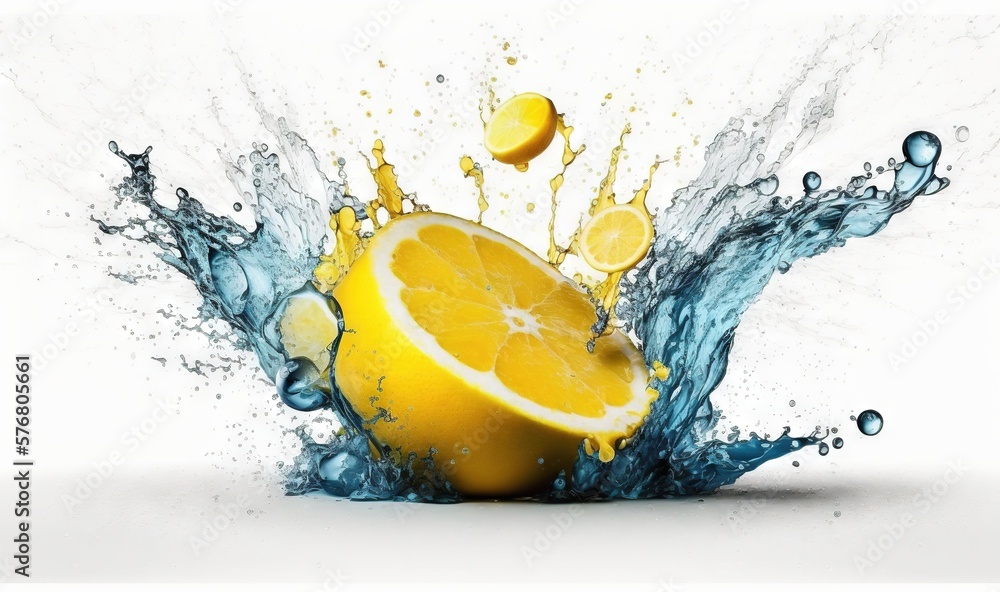  a lemon is splashing into the water with a splash of water on its side and a slice of lemon on the