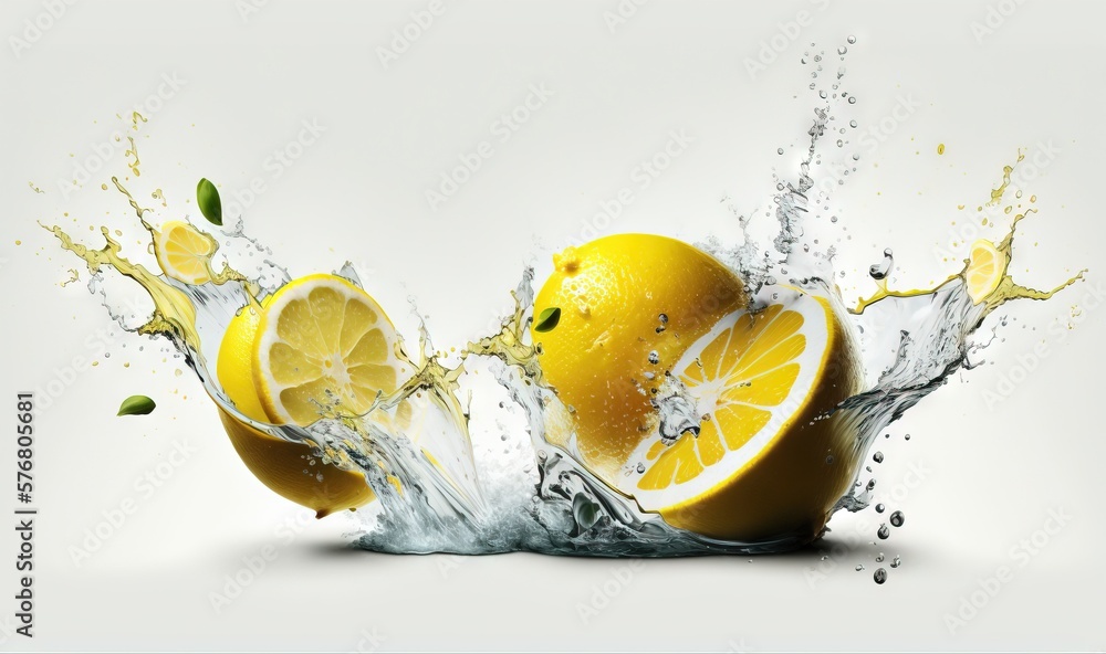  a group of lemons with water splashing around them on a white background with a splash of water on 