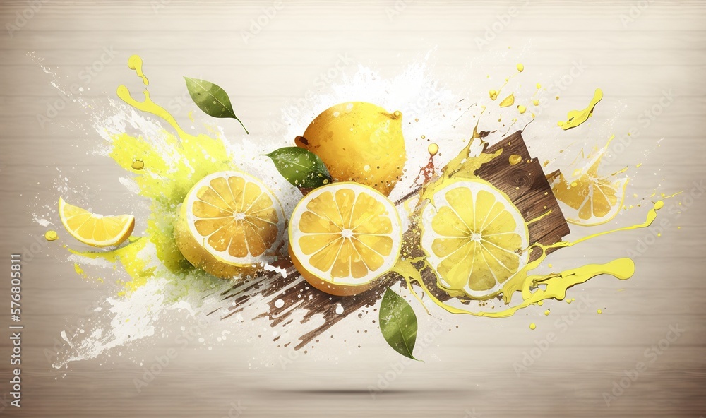  a bunch of lemons that are sitting on a table with a splash of paint on them and a piece of cake in