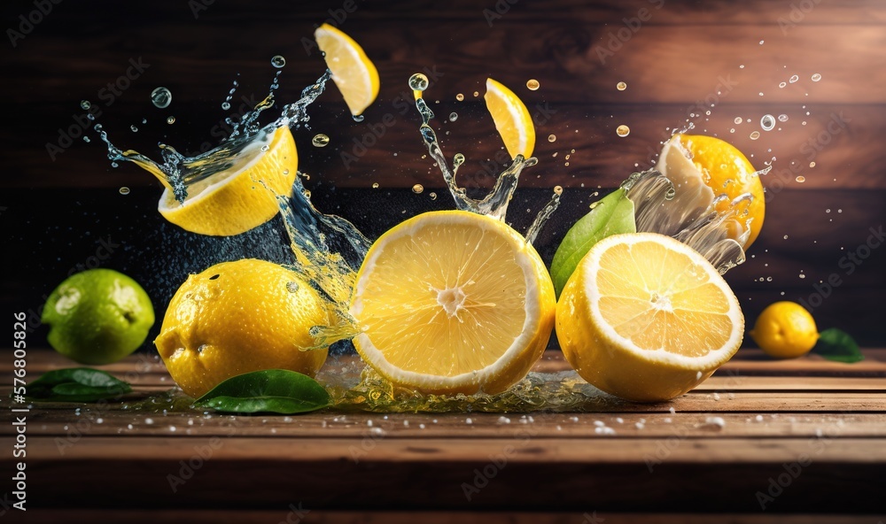  a group of lemons with water splashing out of them on a wooden table with other lemons and limes in