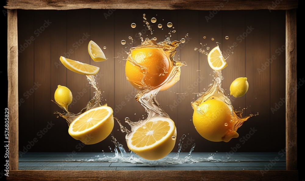  a group of lemons are splashing into a glass of water on a wooden table with a brown background and