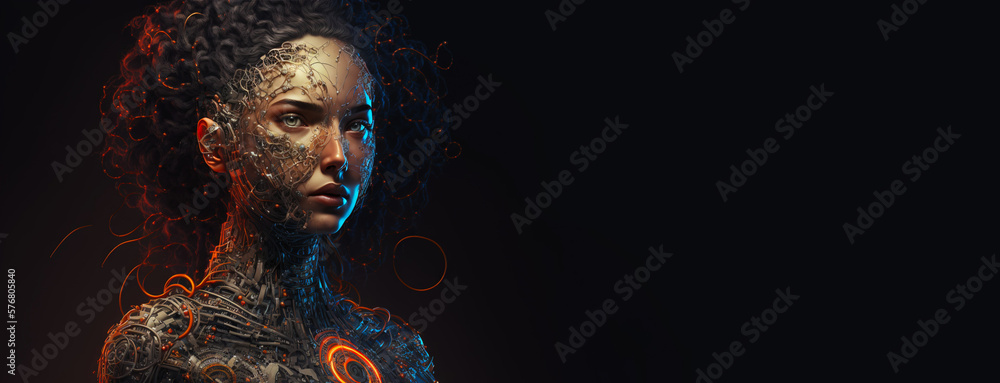 Female android portrait of artificial intelligence avatar. Wires and tech pieces on cyborg head. Gen