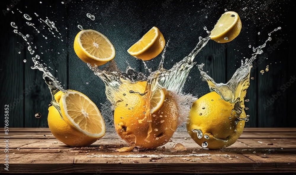  a group of lemons splashing into water on a wooden table with a black background and a wooden table