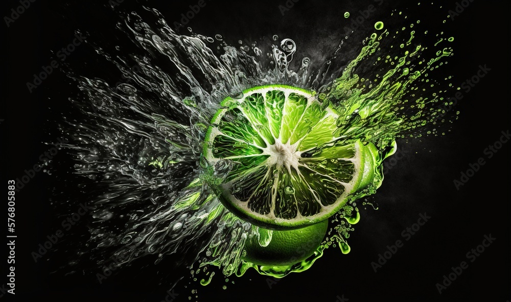  a lime with water splashing on it and a slice of lime in the middle of the image with water splashi