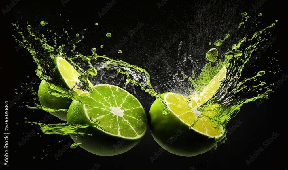  limes are splashing into the water with limes on the side of the photo and on the side of the water