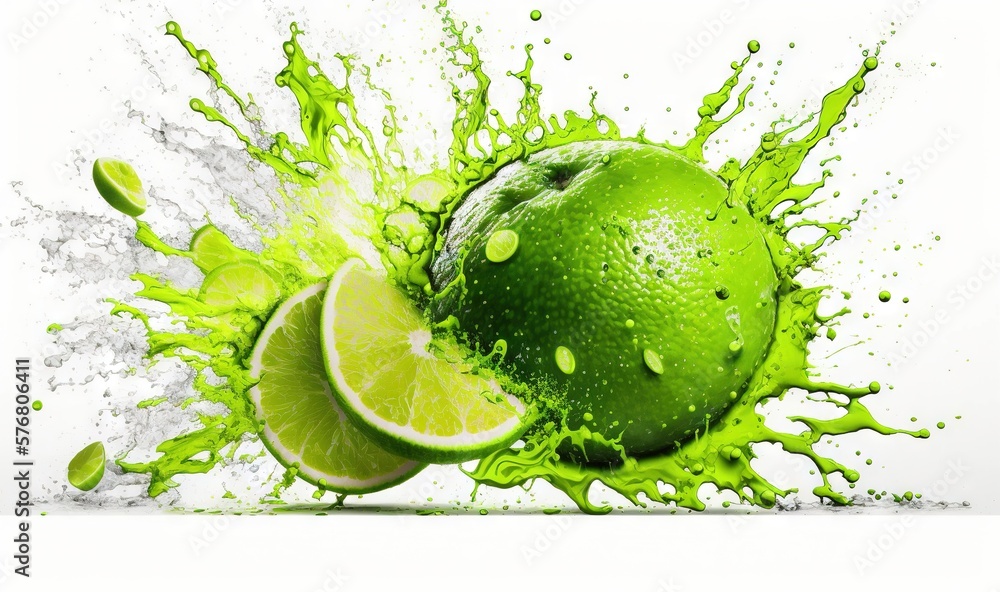  a lime is splashing out of a green liquid filled with limes and lime slices on a white background w