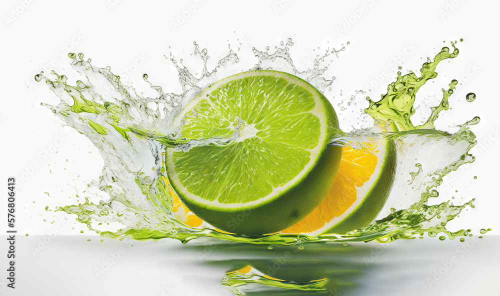  a lime and orange are splashing into the water with a splash of water on the side of the image and 