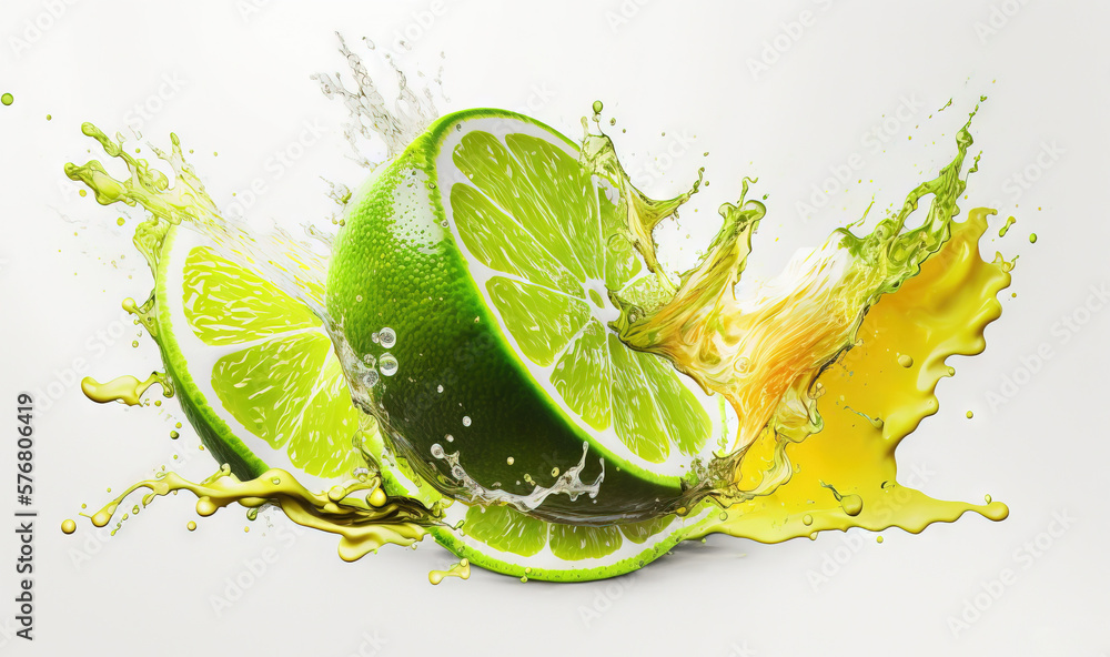  a lime is sliced in half and splashing into the water on a white background with a splash of orange