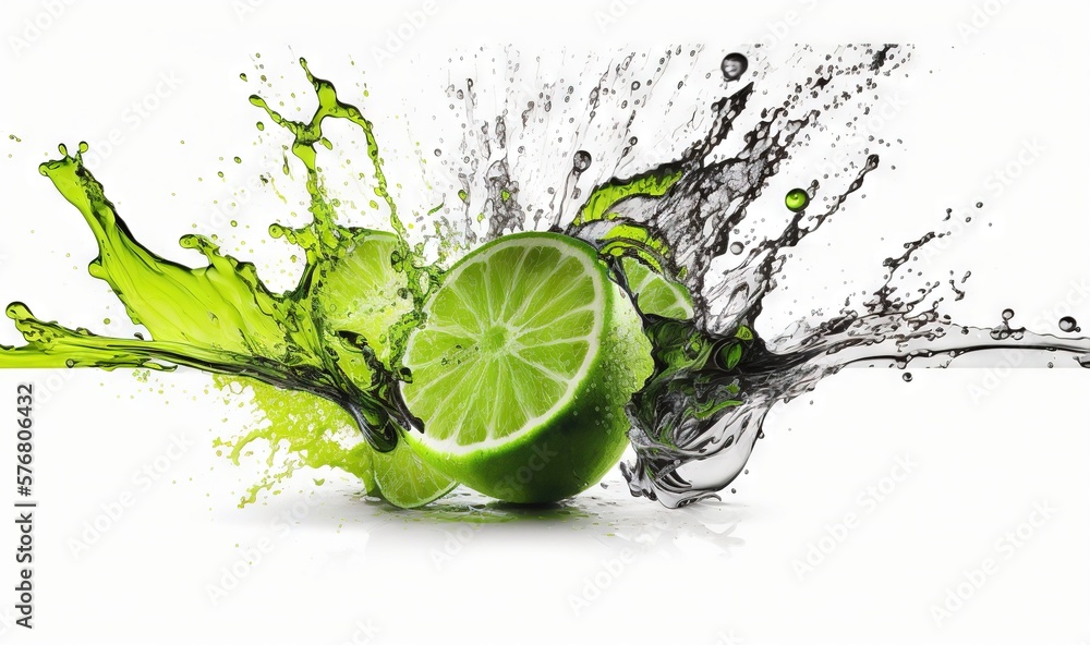  a lime with a splash of water on it and a lime slice in the middle of the image with a splash of wa