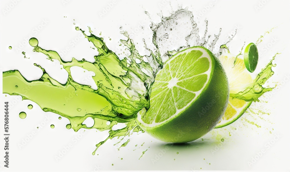  a lime with water splashing on it and a lime slice with a lime slice cut in half with a lime slice 