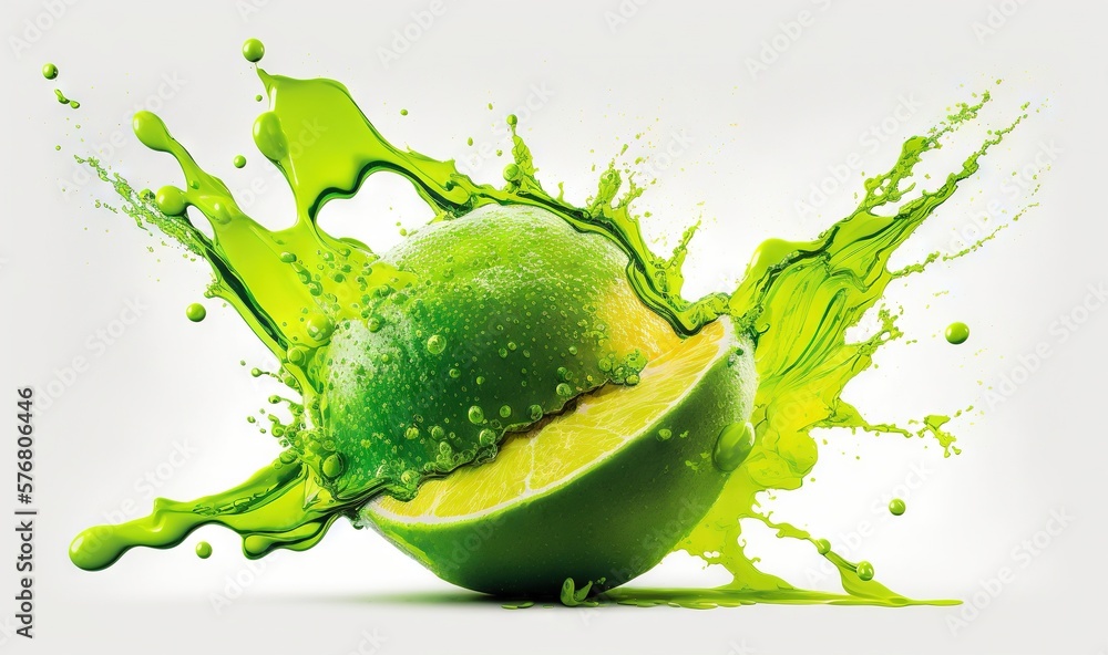  a lime with a splash of green juice on its side and a slice of lime in the middle of the image wit